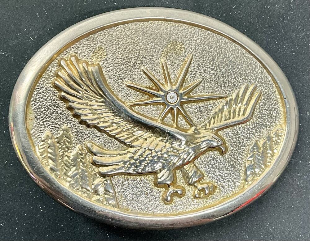 Vintage 3" Silver Gold Tone Flying Eagle Over Trees w/Sunburst Oval Belt Buckle